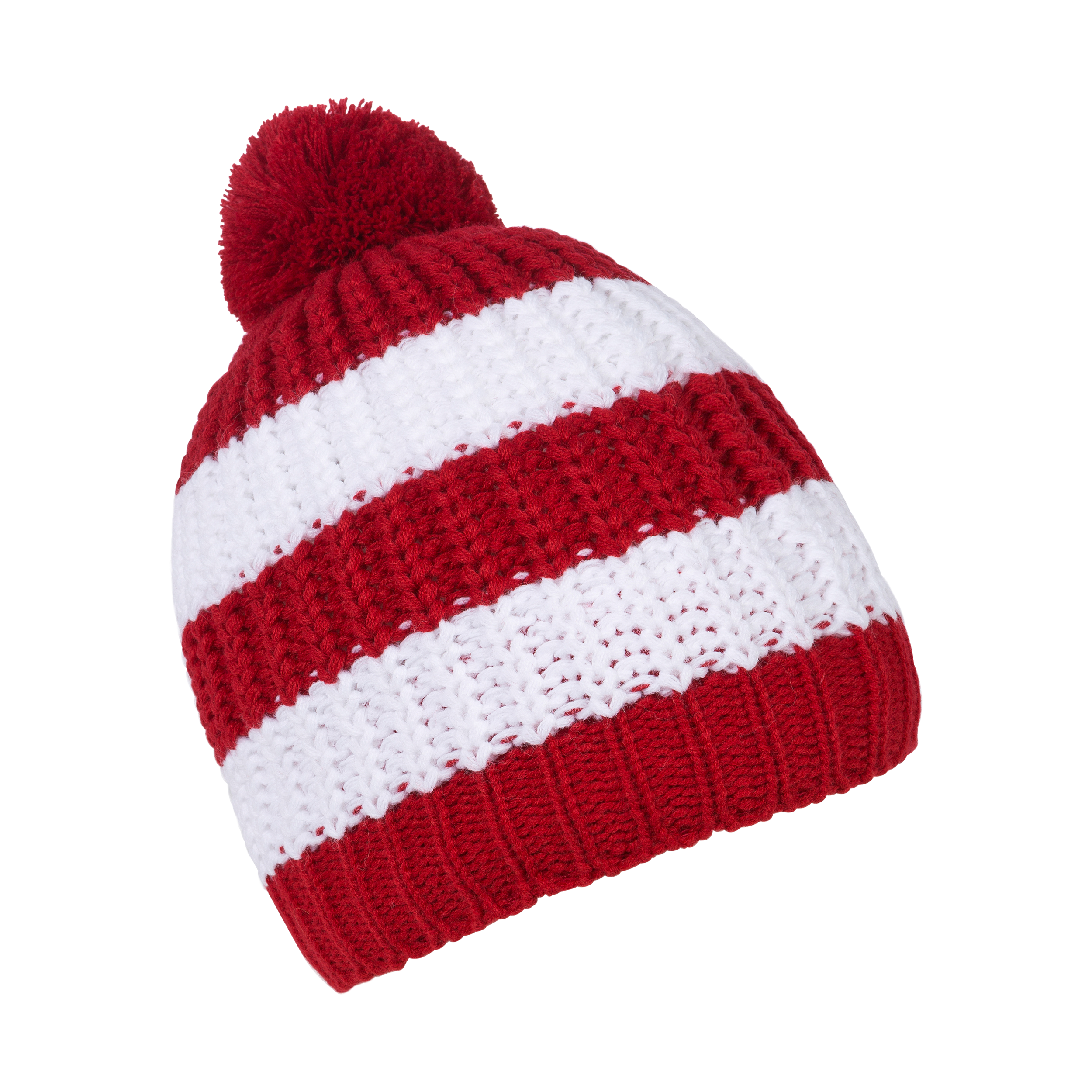 red and white striped bobble hat