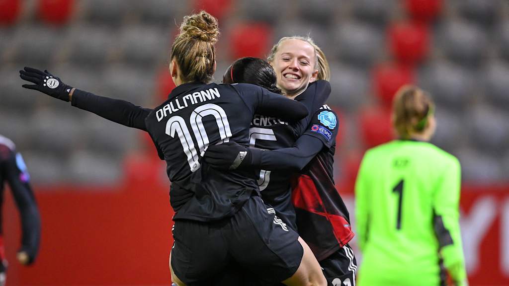 Bayern Women celebrate against Ajax in the Champions League.