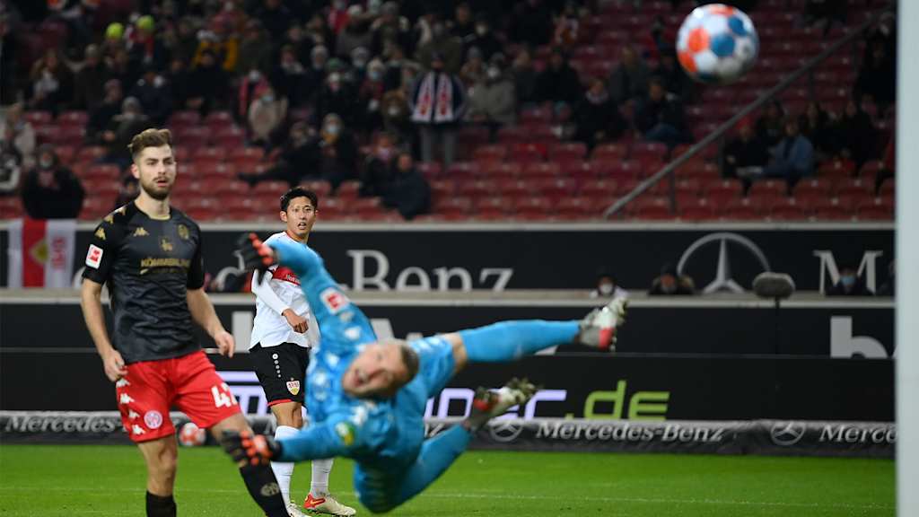 Hiroki Ito watches the ball fly in for his Bundesliga goal in November 2021 against Mainz.