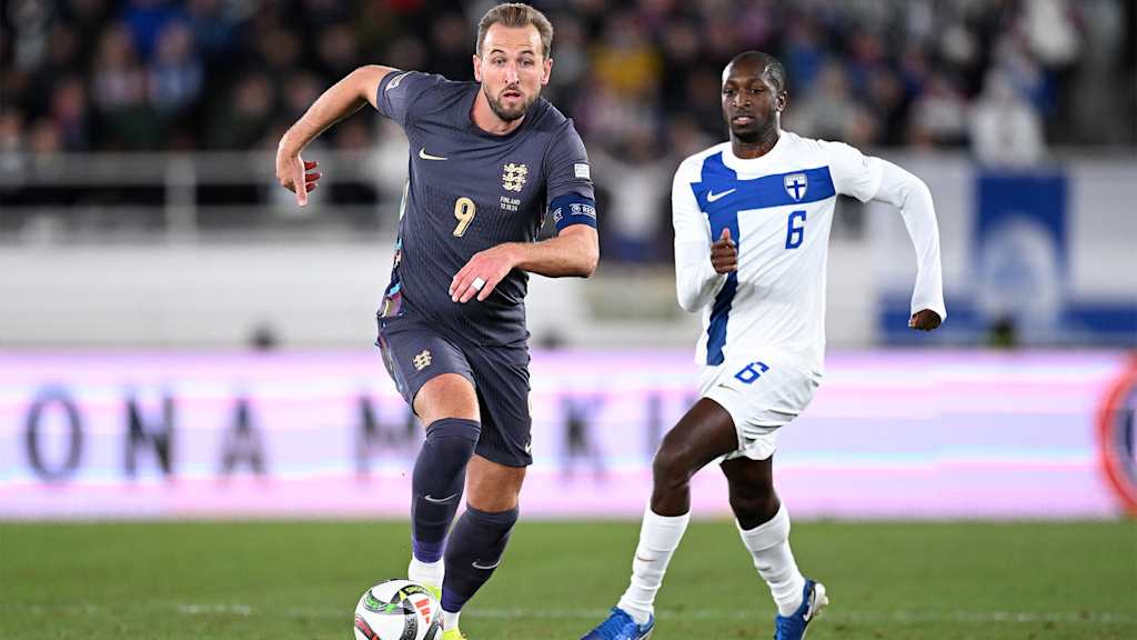 Harry Kane dribbles with the ball during the international match in Finland.