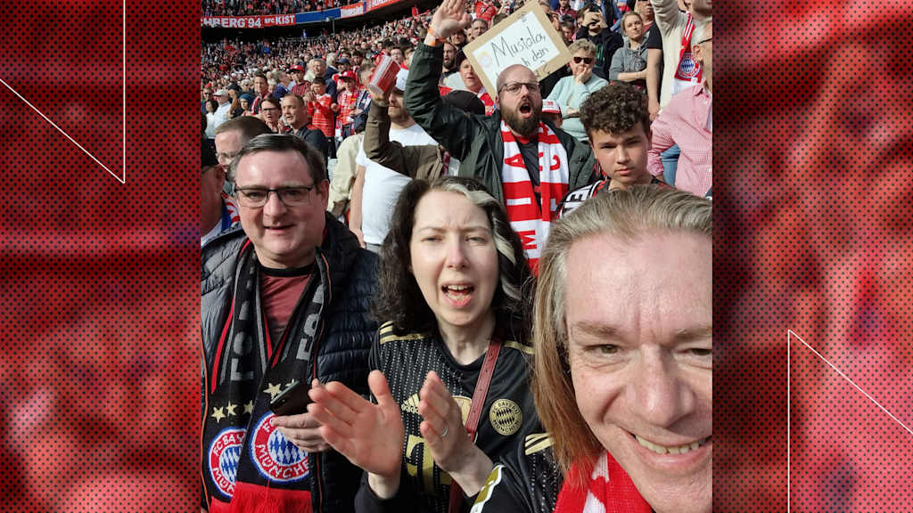 Craig Mason (r.) next to his wife Jane and fellow fan club member Mike McPhillips at the Allianz Arena in Munich.