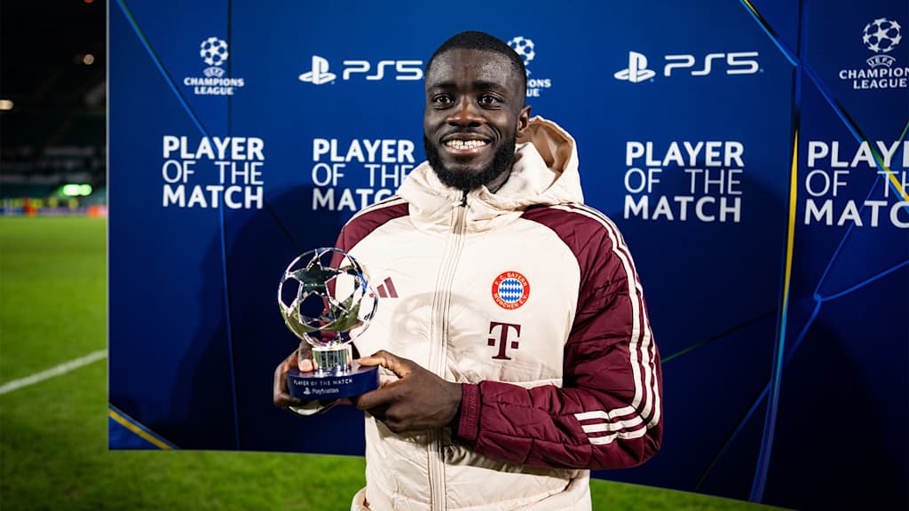 Dayot Upamecano with the Player of the Match trophy from the Champions League play-off between Celtic and FC Bayern