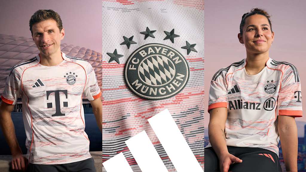 Das neue Auswärtstrikot des FC Bayern für die Saison 2025/26 in Weiß, Grau und leuchtendem Coral ist ab sofort erhältlich.