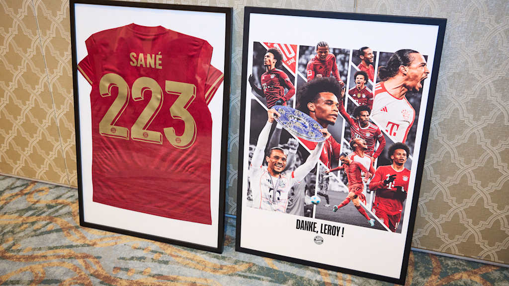 Graphic with two framed farewell gifts for Leroy Sané