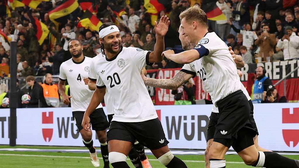 Serge Gnabry and Joshua Kimmich celebrate a goal for Germany