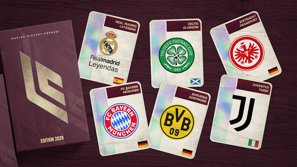 Grafik mit den teilnehmenden Clubs des FC Bayern Legends Cups - Real Madrid, Celtic Glasgow, Eintracht Frankfurt, FC Bayern, Borussia Dortmund, Juventus