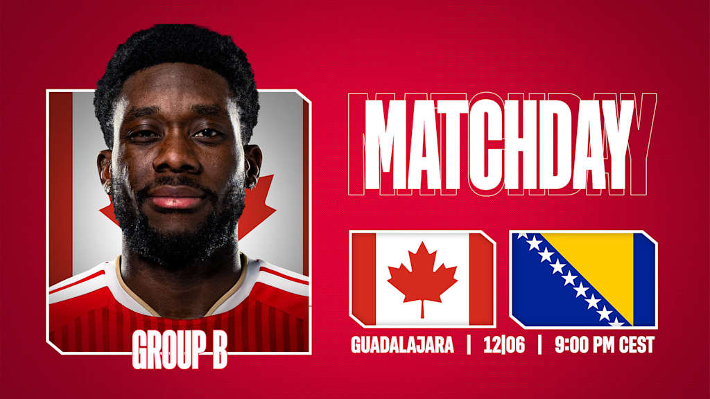 Grafik mit Porträtfoto von Alphonso Davies, den Flaggen von Kanada und Bosnien und dem Schriftzug Matchday