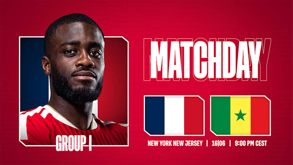 Grafik mit Porträtfoto von Dayot Upamecano, den Flaggen von Frankreich und Senegal und dem Schriftzug Matchday
