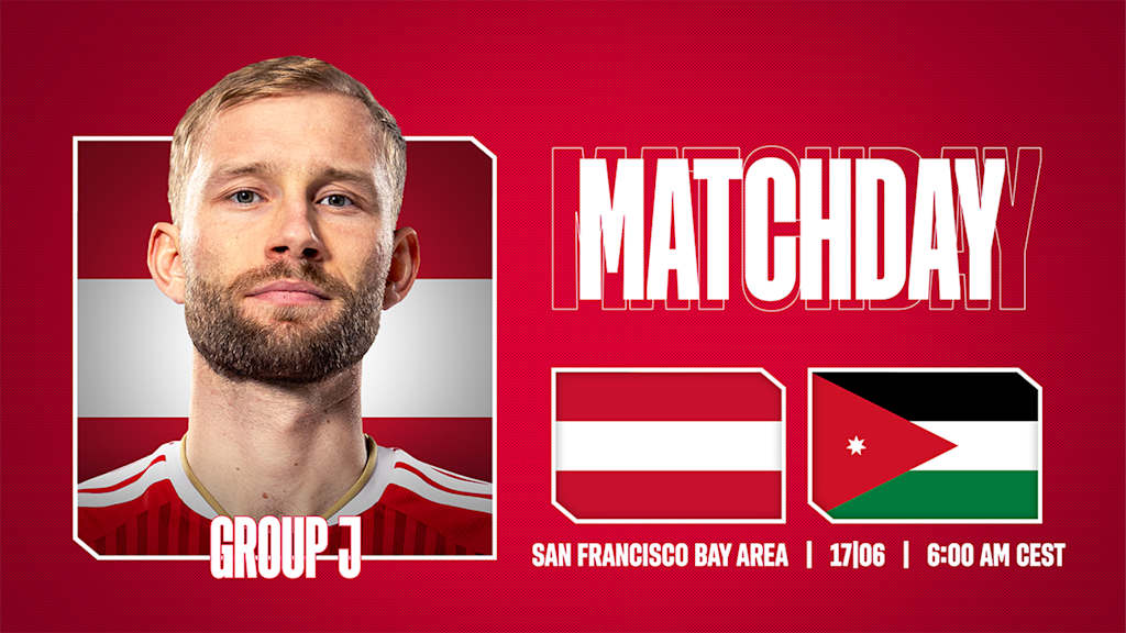 Grafik mit Porträtfoto von Konrad Laimer, den Flaggen von Österreich und Jordanien und dem Schriftzug Matchday