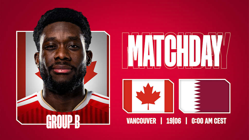 Grafik mit Porträtfoto von Alphonso Davies, den Flaggen von Kanada und Katar und dem Schriftzug Matchday