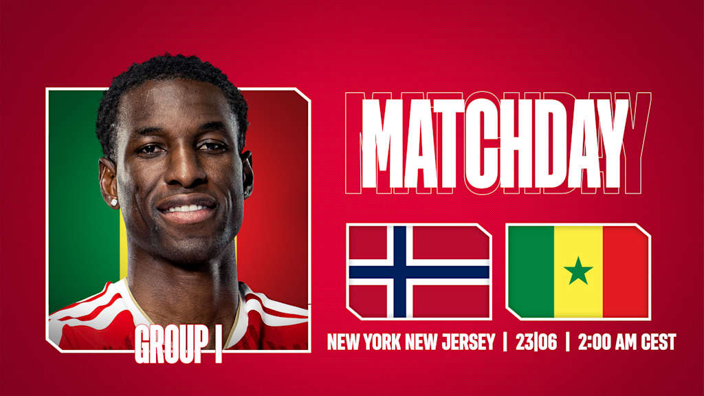 Grafik mit Porträtfoto von Nicolas Jackson, den Flaggen von Norwegen und Senegal und dem Schriftzug Matchday