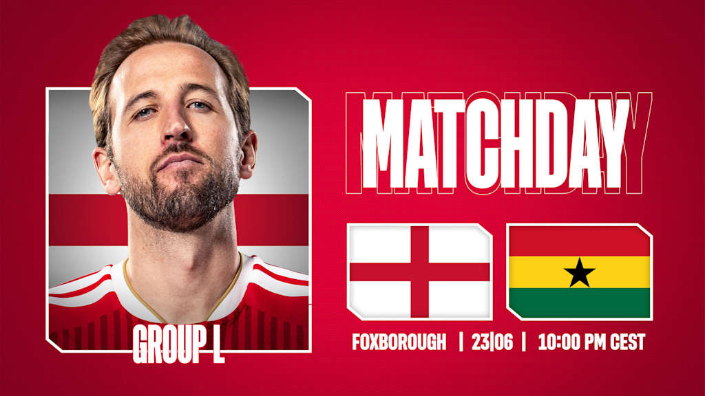 Grafik mit Porträtfoto von Harry Kane, den Flaggen von England und Ghana und dem Schriftzug Matchday