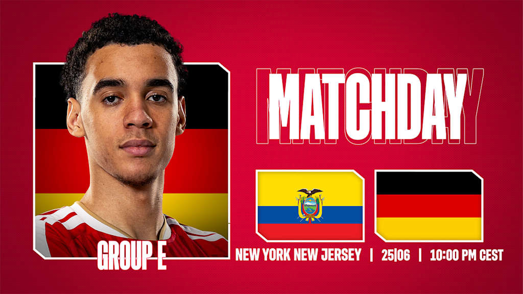 Grafik mit Porträtfoto von Jamal Musiala, den Flaggen von Deutschland und Ecuador und dem Schriftzug Matchday