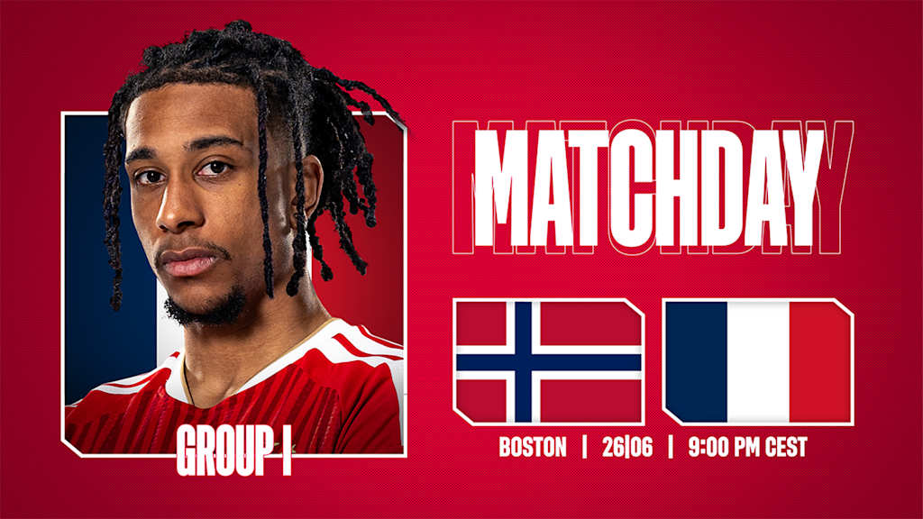 Grafik mit Porträtfoto von Michael Olise, den Flaggen von Norwegen und Frankreich und dem Schriftzug Matchday