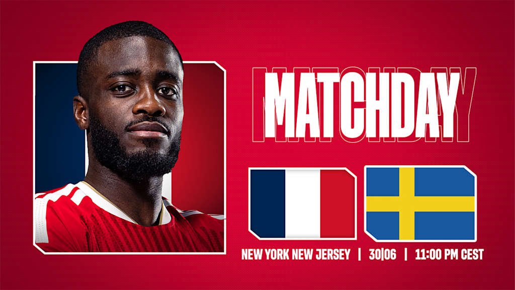 Grafik mit Porträtfoto von Dayot Upamecano, den Flaggen von Frankreich und Schweden und dem Schriftzug Matchday