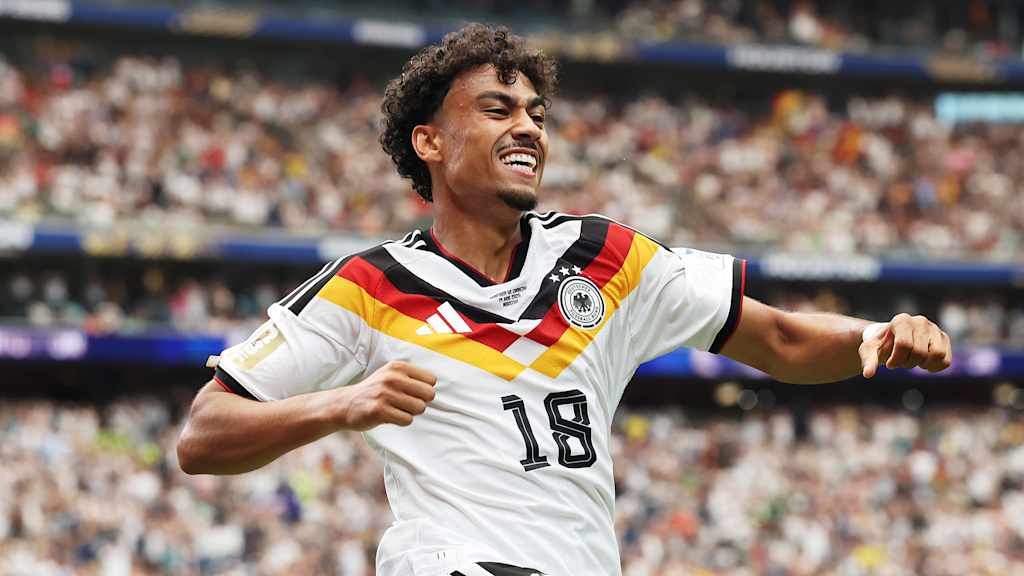 Nathaniel Brown celebrates after scoring a goal for the German national team at the World Cup