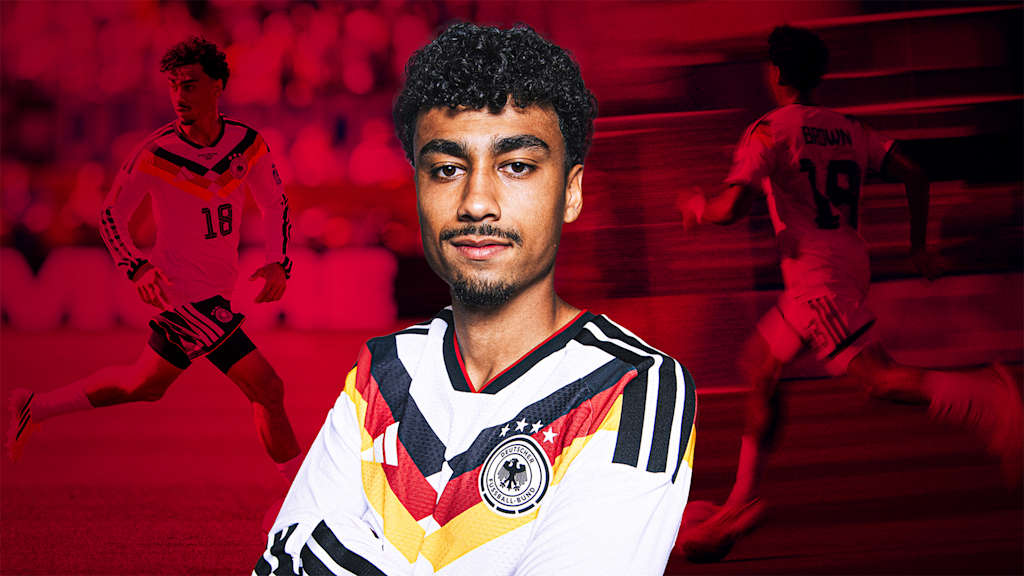 Grafik mit Spielbildern von Nathaniel Brown im Trikot der deutschen Nationalmannschaft.