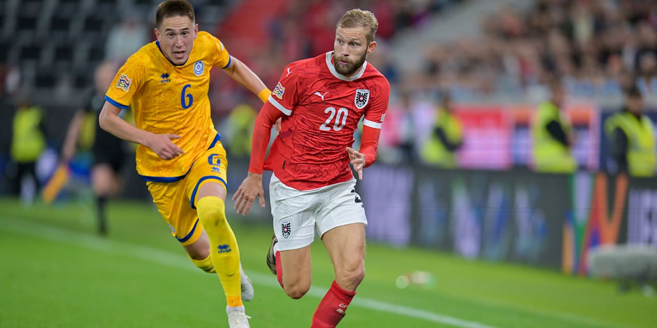 Konrad Laimer playing for Austria against Kazakhstan in the Nations League