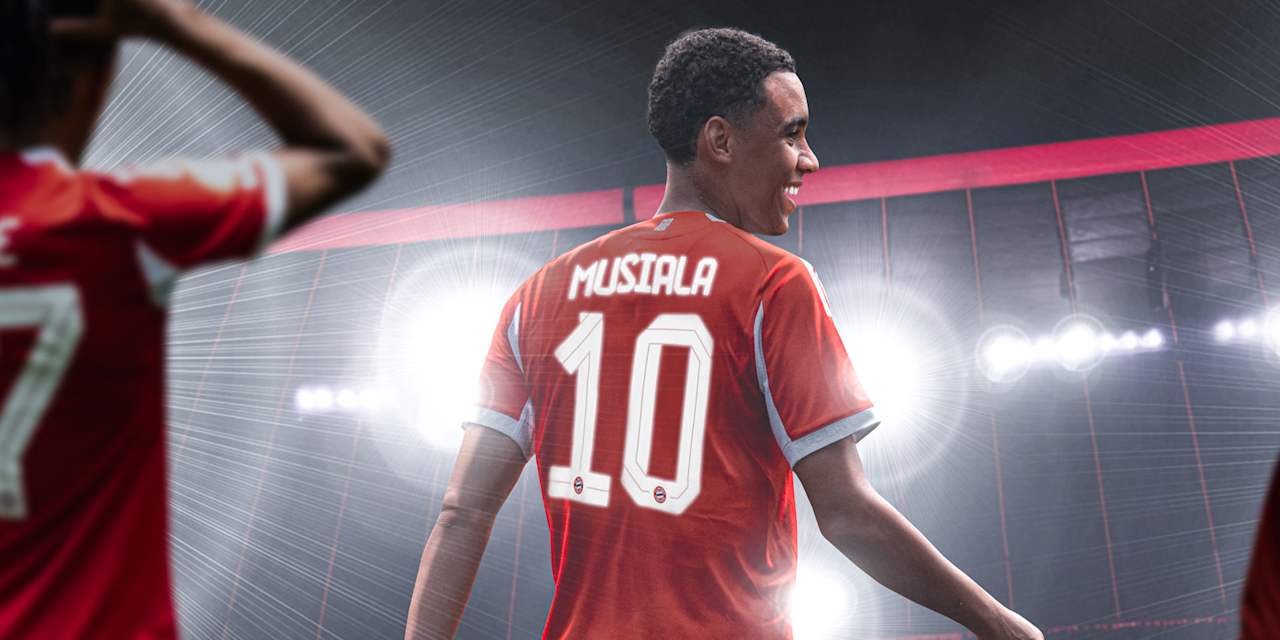 Graphic of Jamal Musiala wearing the FC Bayern jersey with the number 10 on the back.