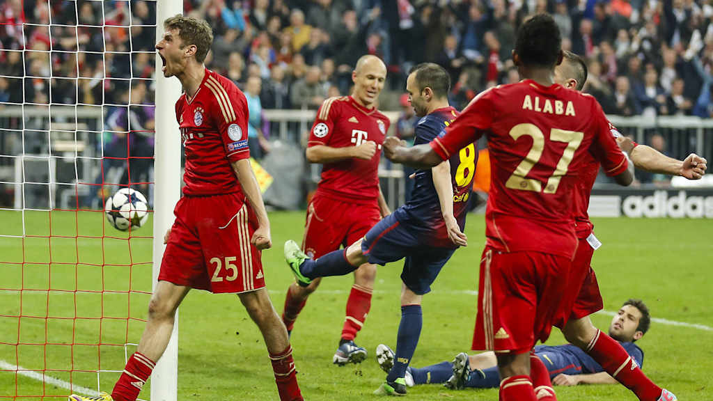Thomas Müller celebrates against Barcelona in the 2012/13 Champions League semi-final.