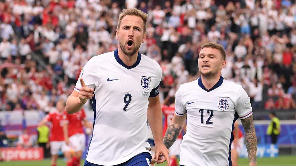 Harry Kane celebrates his opening for goal for England in the EURO match against Denmark