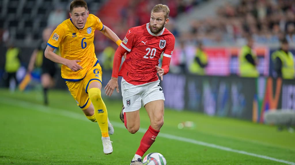 Konrad Laimer playing for Austria against Kazakhstan in the Nations League