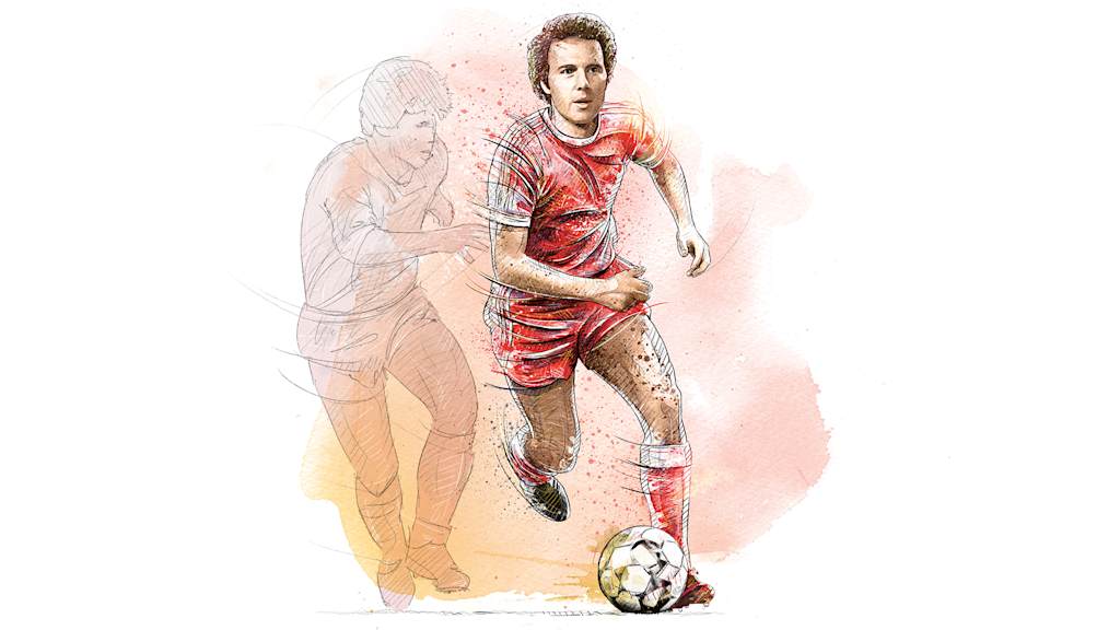 Eine Illustration zeigt Franz Beckenbauer im Dribbling.
