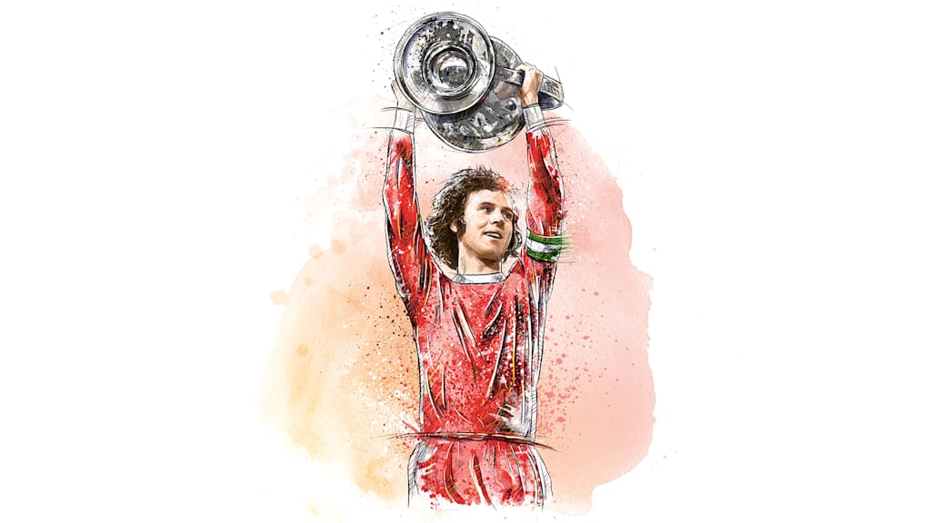 An illustration showing Franz Beckenbauer celebrating with the European Cup.