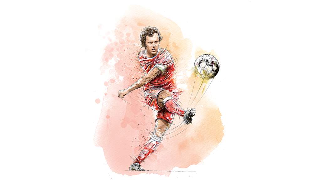 An illustration showing Franz Beckenbauer hitting a long ball.