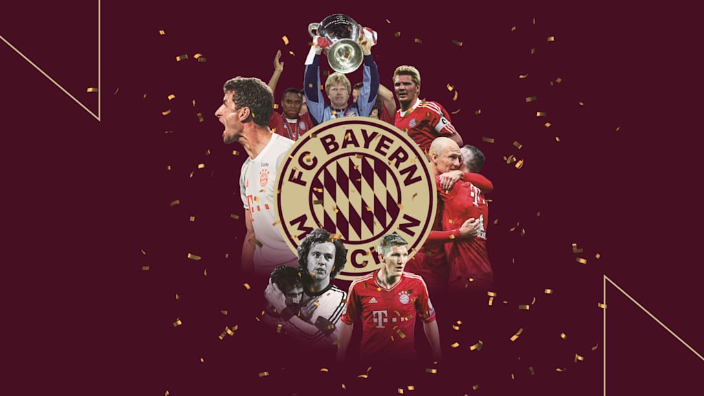 Müller, Kahn, Beckenbauer, Schweinsteiger & Co around a golden Bayern logo