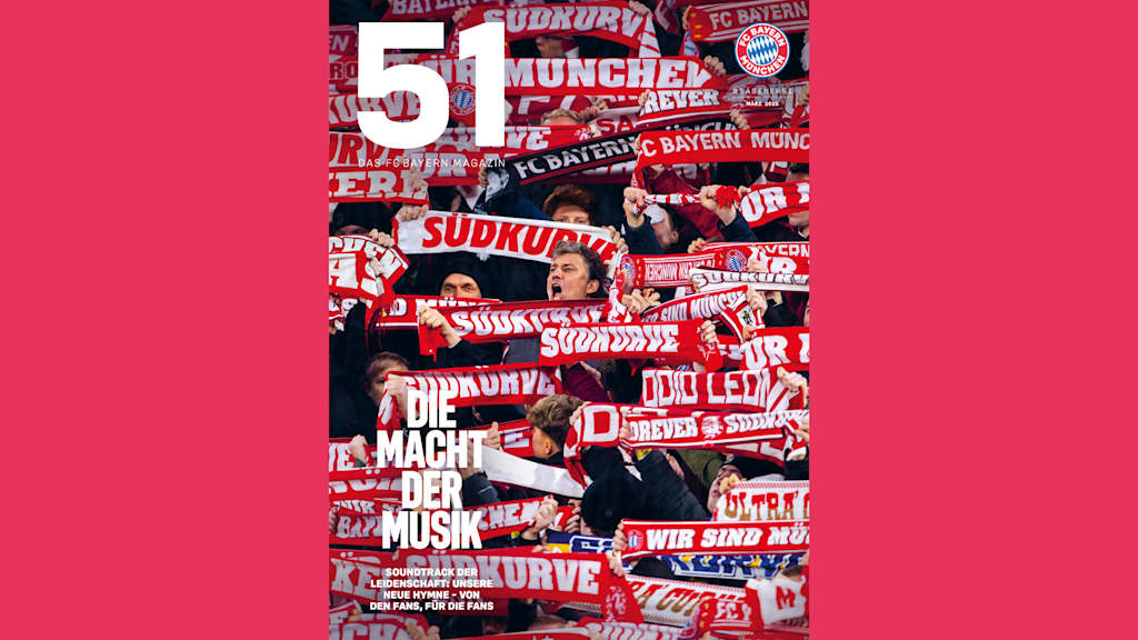 Cover des Mitgliedermagazins 51 Ausgabe März 2025, Tenor Jonas Kaufmann singt in der Südkurve umringt von Bayern-Fans