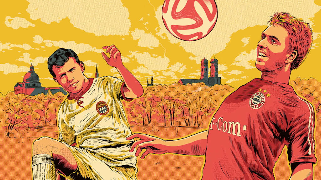 Una ilustración de Franz Beckenbauer y Philipp Lahm con camisetas del Bayern.
