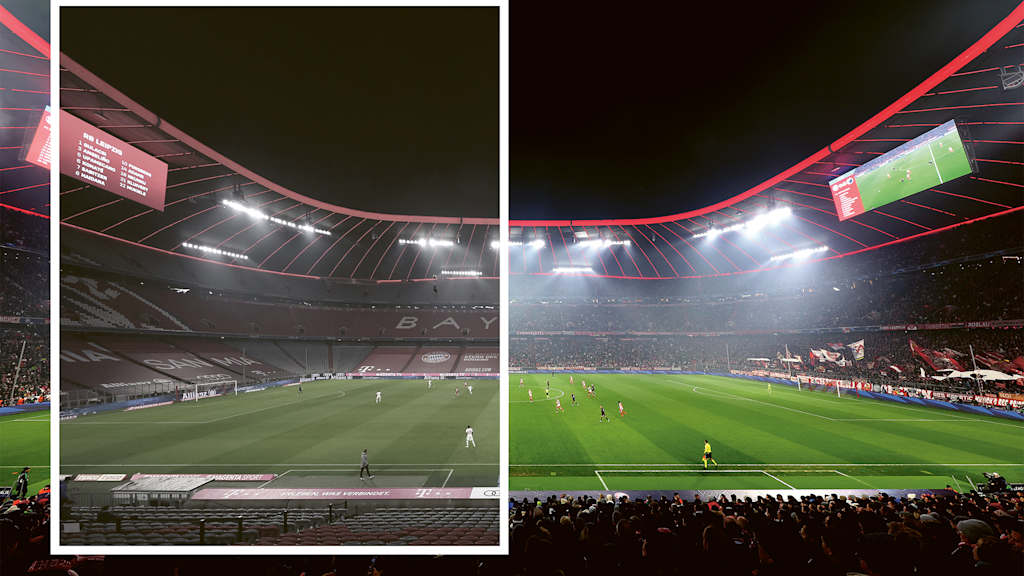 An FC Bayern match at a sold-out Allianz Arena, with a cutout from the Covid era with empty stands