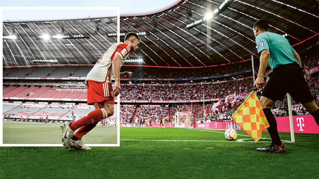 Collage: Joshua Kimmich (FC Bayern) taking a corner at a sold-out Allianz Arena, with a cutout from the Covid era with empty stands