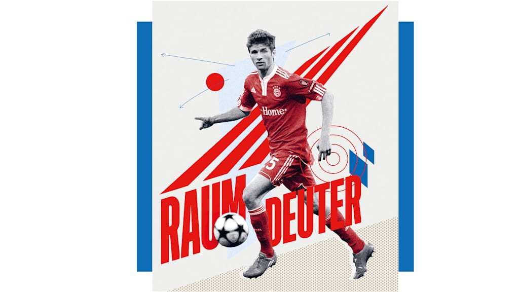 Collage: Thomas Müller am Ball, dahinter Schriftzug: Raumdeuter