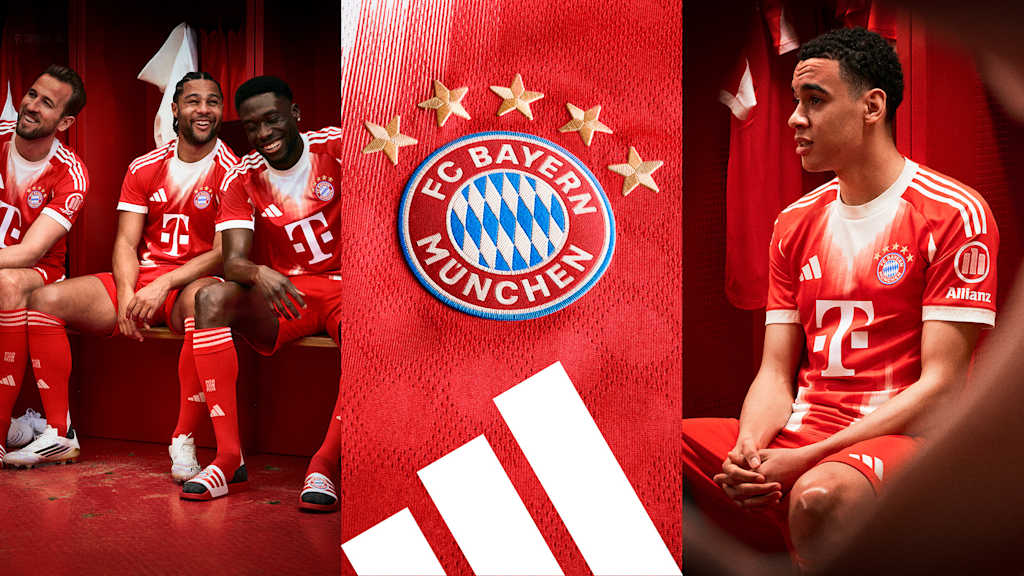 The new FC Bayern Home Jersey 25/26 red & white with a stylised M – now available!