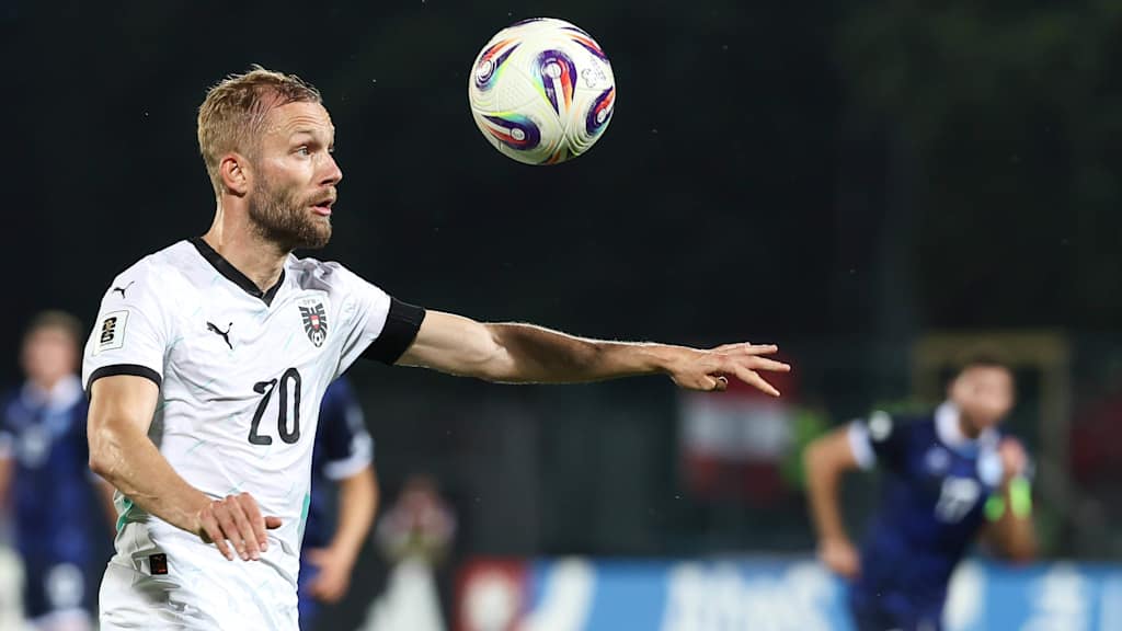 Konrad Laimer in international action for Austria against San Marino.