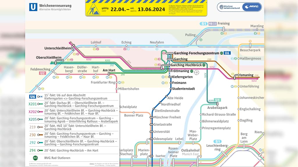 Streckennetz der MVG während der geplanten Umbauten an der Linie U6 im Zeitraum von 22. April bis 14. Juni 2024.