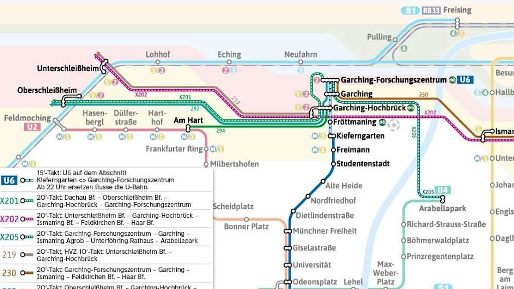 Streckennetz der MVG während der geplanten Umbauten an der Linie U6 im Zeitraum von 9. Juni bis 27. Juli 2025.