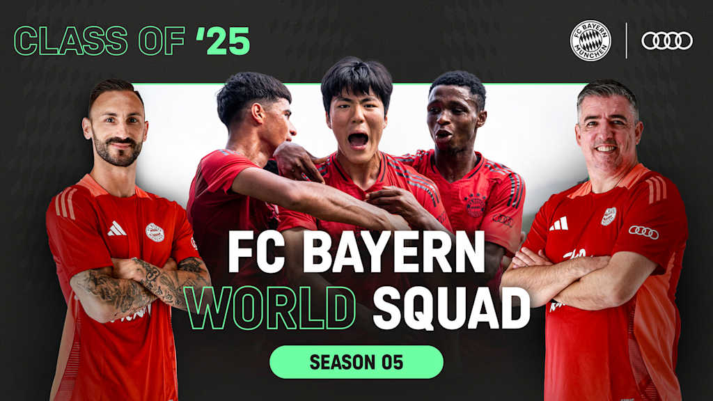 Grafik mit Spielern des FCB World Squad und den Trainern Roy Makaay und Diego Contento