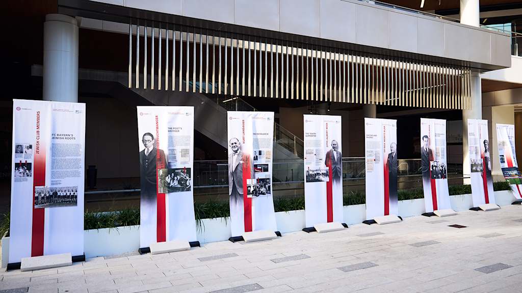 Display stand at the opening of the touring exhibition "FC Bayern München during National Socialism: Victims, Followers, Perpetrators" in Miami.