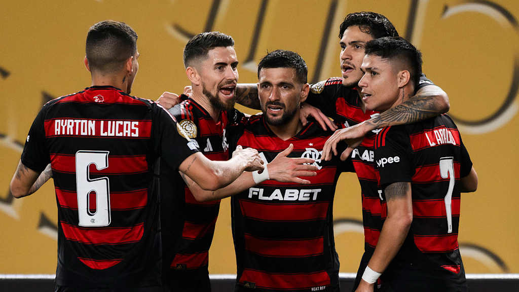 CR Flamengo players celebrate a goal in the Club World Cup match against Chelsea