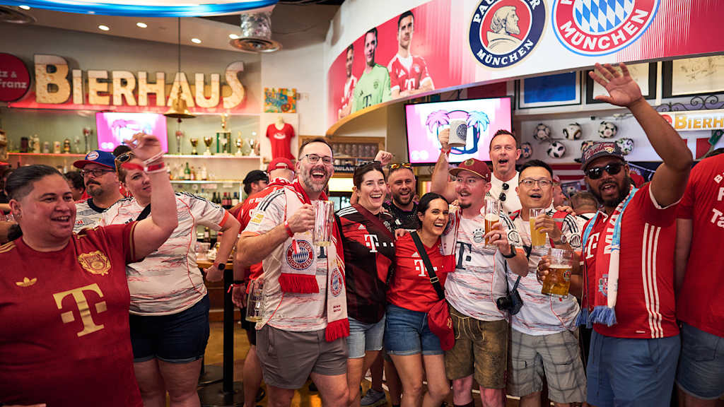 FC Bayern fans celebrate at the fan event at the Fritz & Franz Bierhaus in Miami