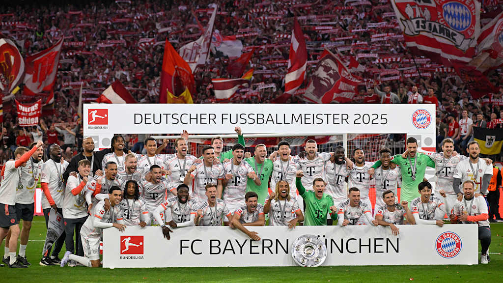 FC Bayern celebrate winning the 2025 Bundesliga title on the pitch of the Allianz Arena.