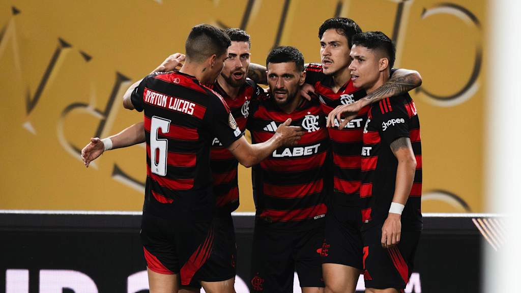CR Flamengo players celebrate a goal at the Club World Cup.