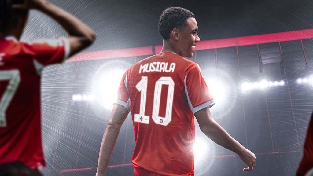 Grafik von Jamal Musiala im Trikot des FC Bayern mit der Rückennummer 10