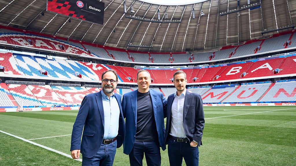 Representatives of Kaizen Gaming and Betano at FC Bayern's Allianz Arena (from left): Julio Iglesias Hernando (CCO), George Daskalakis (CEO) and Christos Tzalavras (CPO)