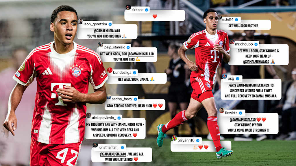 Grafik mit Spielfotos von Jamal Musiala und Social Media-Kommentaren von Spielern mit Genesungswünschen