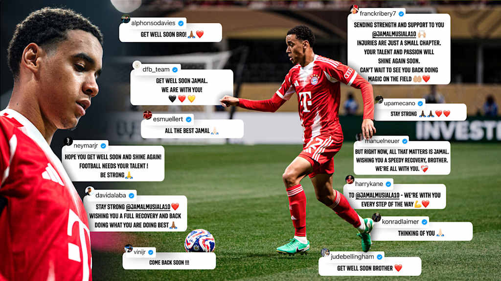 Grafik mit Spielfotos von Jamal Musiala und Social Media-Kommentaren von Spielern mit Genesungswünschen