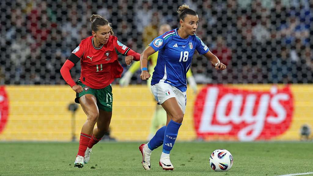Arianna Caruso with the ball at her feet against Portugal.